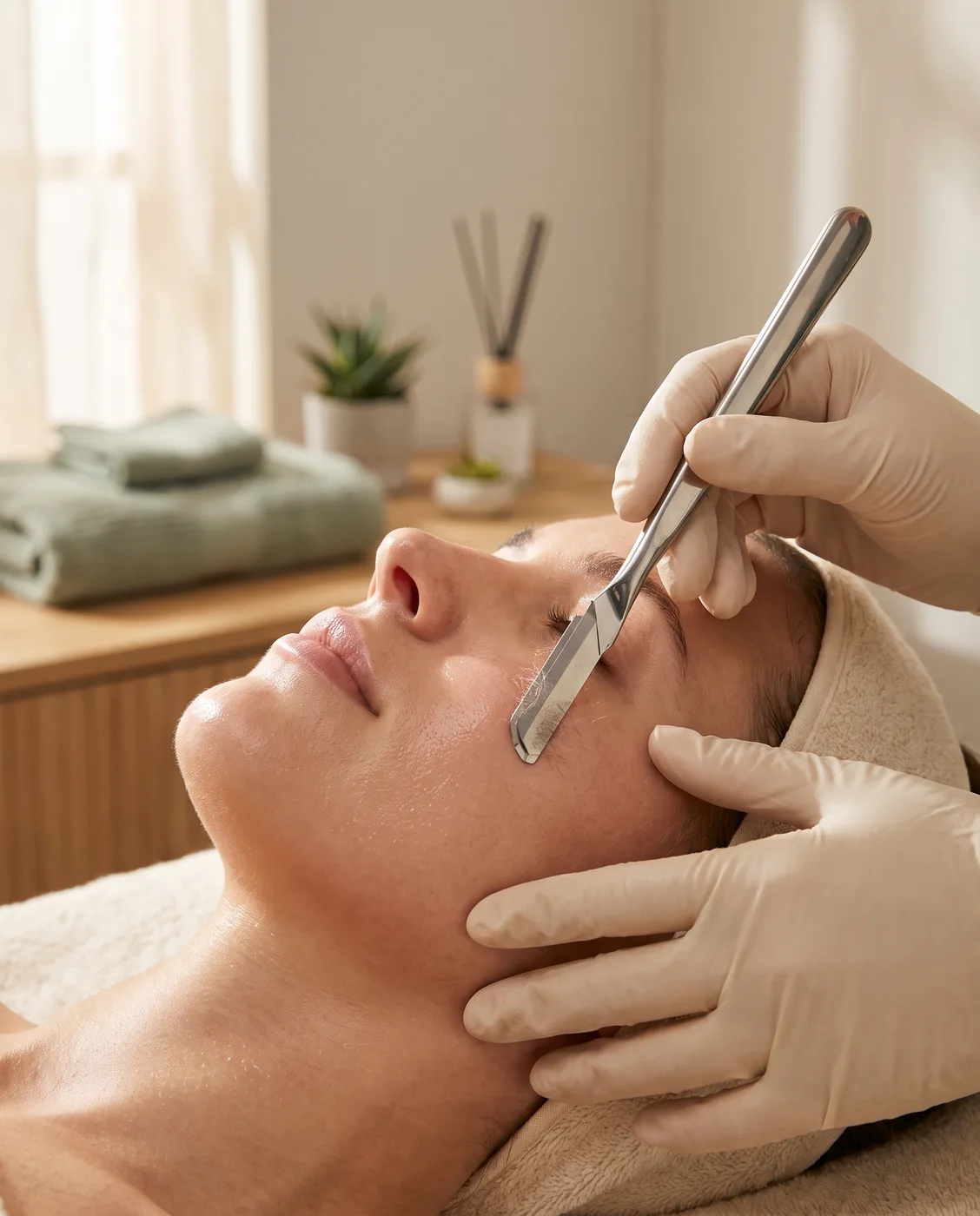 Close-up of a dermaplaning treatment at ESSpa as an esthetician glides a sterile blade across a relaxed guest's skin to remove dead cells and fine hair