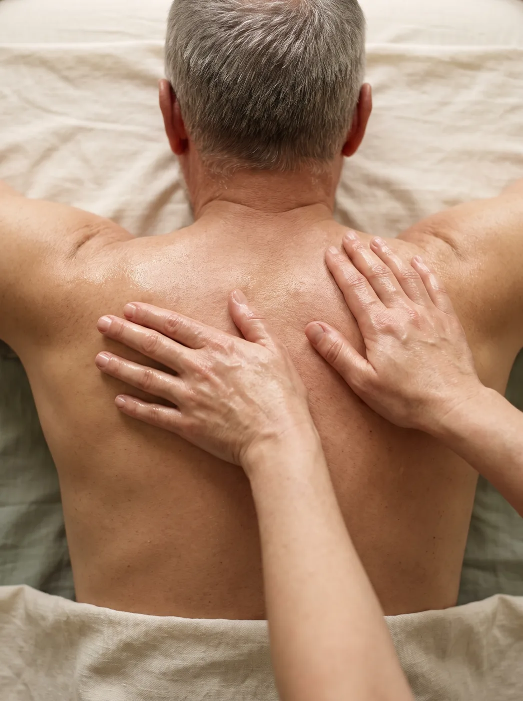 A close-up back massage at ESSpa as a therapist glides oiled hands along a guest's back